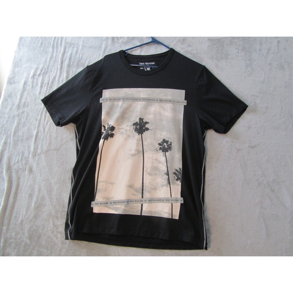 True Religion T-Shirt Mens Large Black Palm Tree Graphic Contrast Stitching